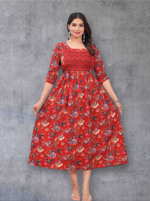 Goraalaxmi Women Printed Anarkali Kurta(Red)