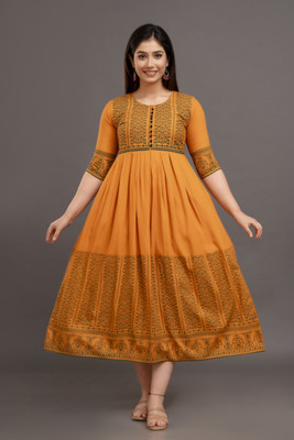 CLOTHING HOUSE Women Printed Flared Kurta(Brown)
