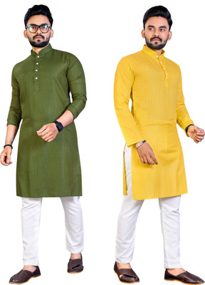 JENZEE Men Solid, Striped Straight Kurta(Yellow, Green)