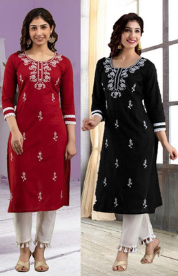 vikshi Women Chikan Embroidery Straight Kurta(Multicolor)