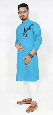 Rainbow Cloths Men Self Design Straight Kurta(Light Blue)