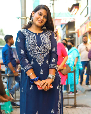 Neelam Chikan Women Chikan Embroidery Straight Kurta(Blue)