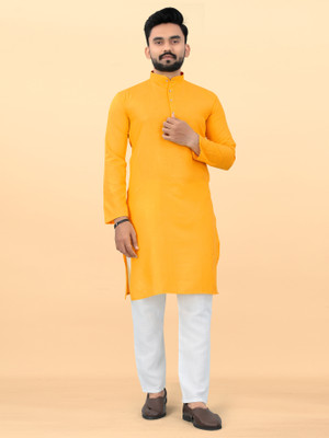 Ganesh Creation GC Men Solid Straight Kurta(Yellow)