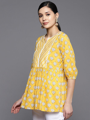 Jixpox Women Floral Print Flared Kurta(Yellow)