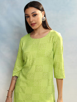 Vishudh Women Printed Straight Kurta(Green)