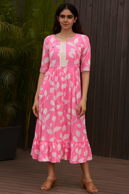 Laxi Women Floral Print Ethnic Dress Kurta(Pink)