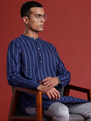 ANOUK Men Geometric Print Straight Kurta(Blue, Light Blue)