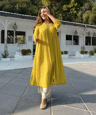 Janasya Women Woven Design Frontslit Kurta(Yellow)