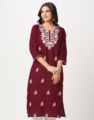 Samah Women Embroidered, Embellished, Dyed/Ombre, Self Design Straight Kurta(Maroon)