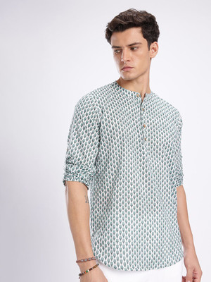Anouk Rustic Men Floral Print Straight Kurta(White, Green)