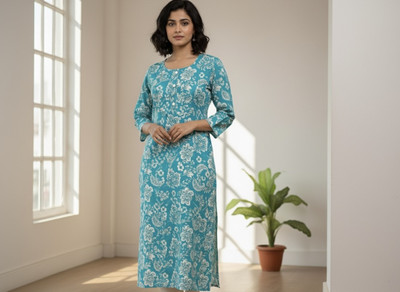 k fashion Women Floral Print, Printed A-line Kurta(Light Blue)