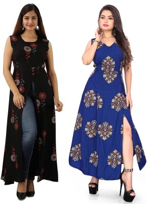 Hiral Creation Women Floral Print Frontslit Kurta(Blue)