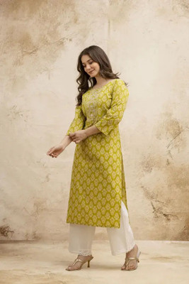 AURIPRX FASHION Women Embroidered, Printed Straight Kurta(Yellow)