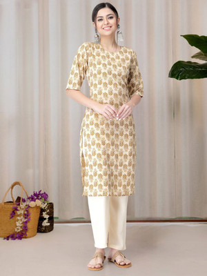 HERE&NOW Women Printed Straight Kurta(White)