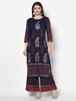 Aniyah Women Block Print Straight Kurta(Dark Blue)