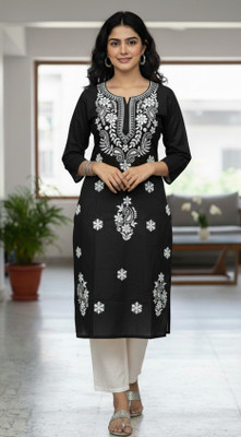 ChikankariArts Women Chikan Embroidery, Embroidered Straight Kurta(Purple)