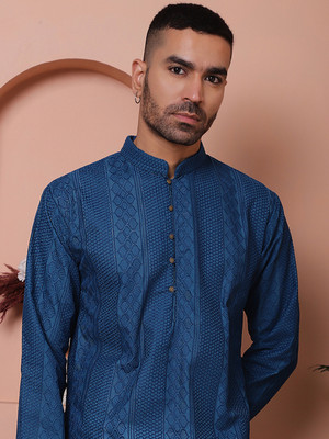 Jompers Men Embroidered Straight Kurta(Light Blue)
