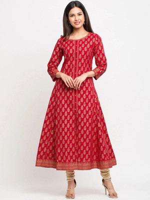 Yash Gallery Women Printed Anarkali Kurta(Red)