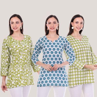 Erosion Women Printed Straight Kurta(Green, Blue)
