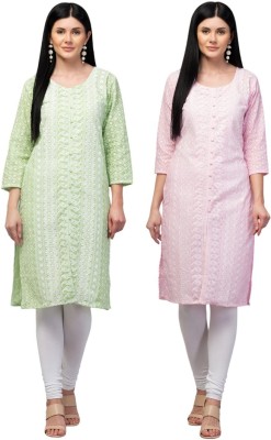 futuristic Women Chikan Embroidery Straight Kurta(Light Green, Pink, White)