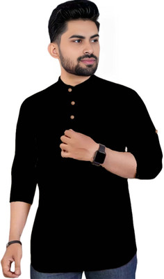 Navkanj Men Solid Asymmetric Kurta(Black)