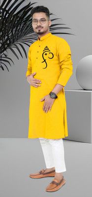 M Biswas Men Printed Straight Kurta(Yellow)