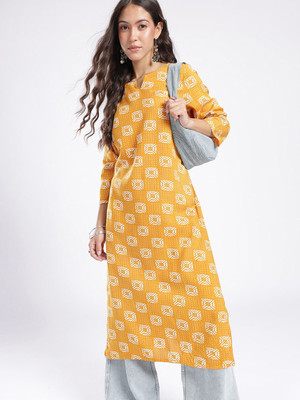 Anouk Rustic Women Geometric Print Straight Kurta(Yellow)