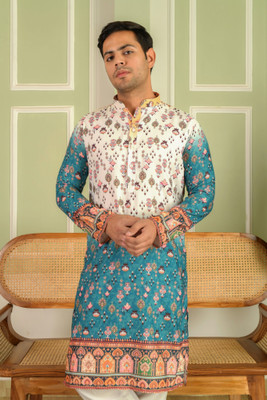 BEXARIO Men Printed Straight Kurta(Blue)