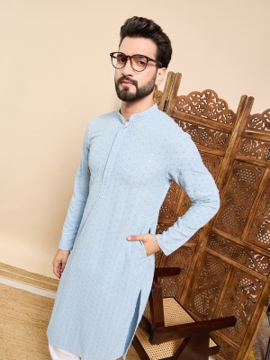 Ethnic Bay Men Embroidered Straight Kurta(Blue)