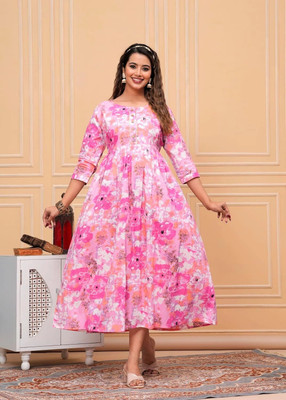 HouseOfCommon Women Printed Anarkali Kurta(Pink)