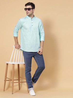 allan peter Men Solid Straight Kurta(Blue)