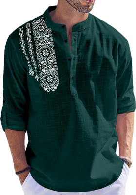 FINFOL Men Printed Straight Kurta(Dark Green)