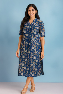 Prodip Creation Women Floral Print Straight Kurta(Blue)