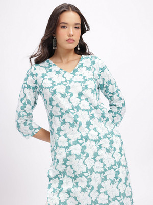 Anouk Rustic Women Floral Print Straight Kurta(White, Blue)