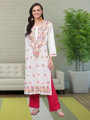 ADA Women Chikan Embroidery, Paisley, Embroidered Straight Kurta(White)