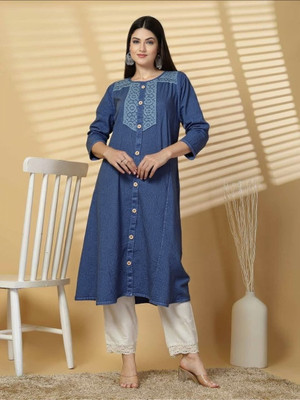 PP PRODUCTIONS Women Washed A-line Kurta(Blue)