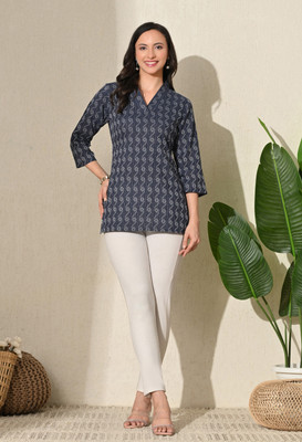 INDIANIC Women Printed Straight Kurta(Dark Blue)