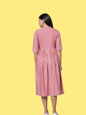 Houseofcommonv Women Striped A-line Kurta(Pink)
