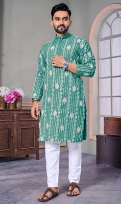 Lazzly Men Embroidered Straight Kurta(Green)