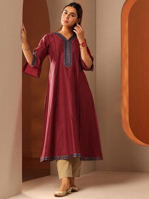 LIBAS Women Embroidered A-line Kurta(Maroon)