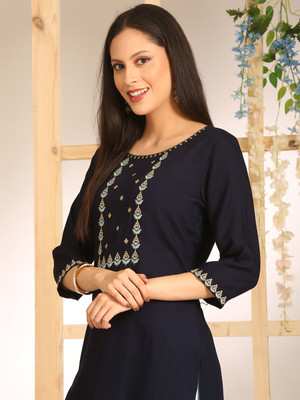 ANOUK Women Embroidered Straight Kurta(Dark Blue)