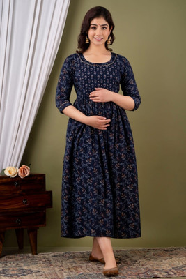 AAVRITTIQUEENS Women Floral Print Gown Kurta(Blue)