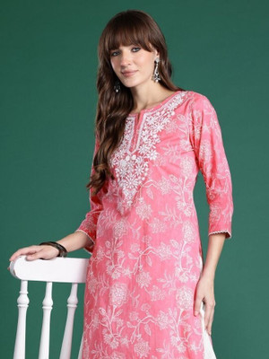 BKApparels Women Embroidered Straight Kurta(Pink)