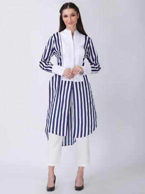 TSM Women Striped Straight Kurta(White, Dark Blue)