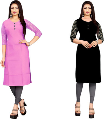 HOFC Women Solid Straight Kurta(Pink, Black)