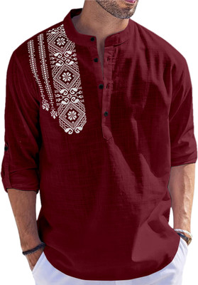 FINFOL Men Printed Straight Kurta(Maroon)