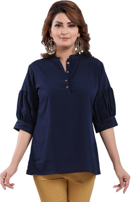 Anmi Navy Blue Poly Crepe Office Wear Short Tunic Top Solid Women Straight Kurta(Blue)