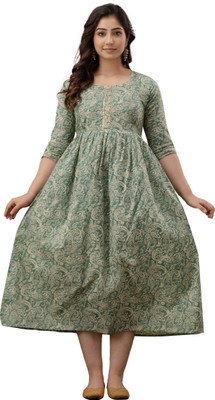 ANUOM Women Printed Flared Kurta(Blue)