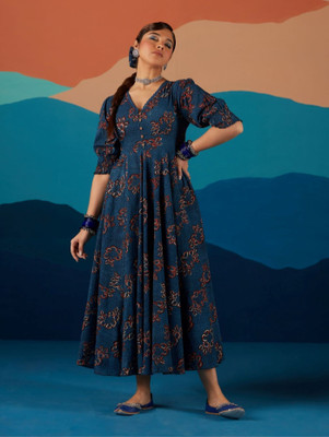 CHARNEST Women Printed Anarkali Kurta(Blue)