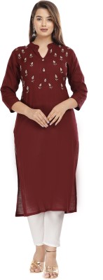 Highlight fashion export Women Embroidered Straight Kurta(Maroon)